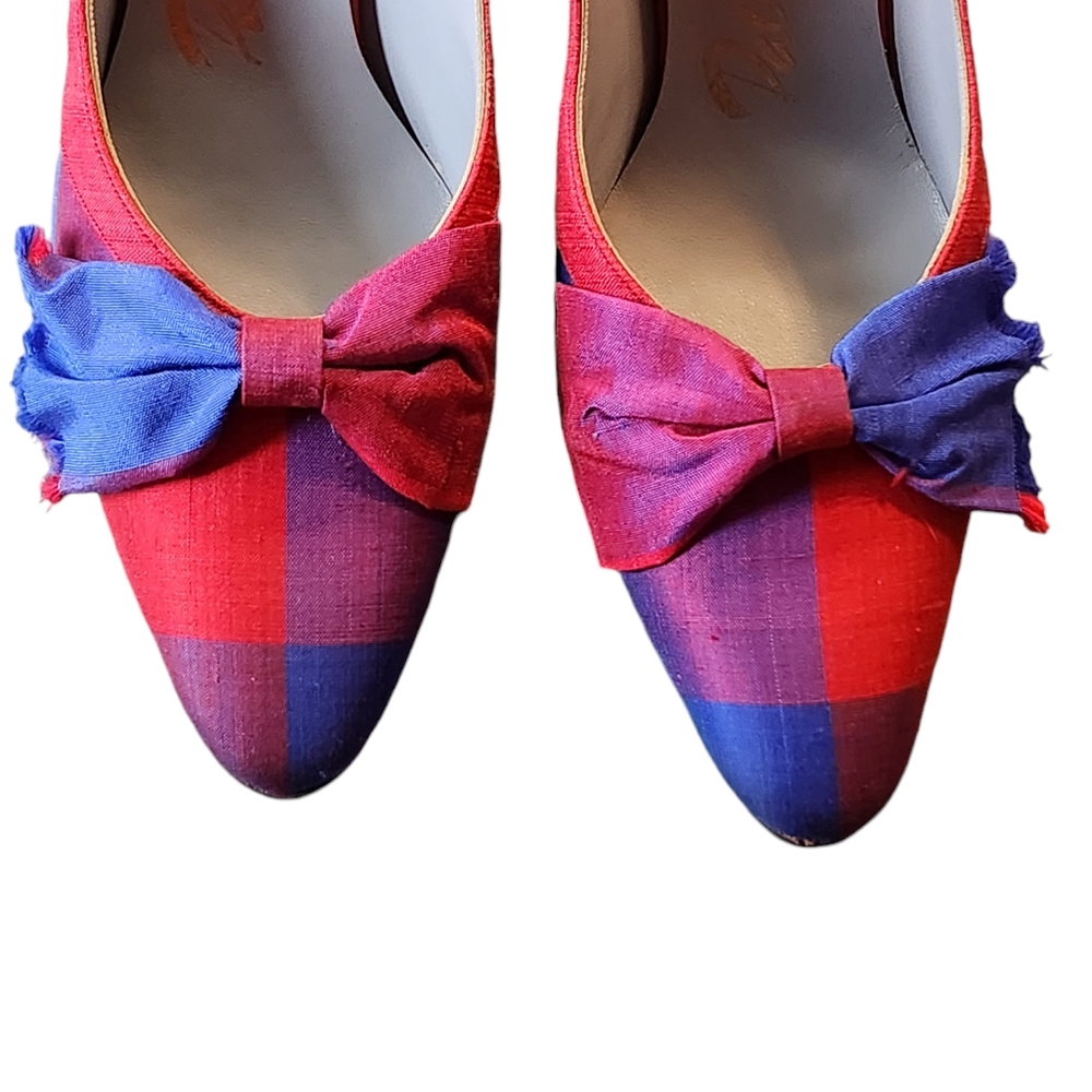 Vintage Palizzio Merlin Blue/Red/Purple Plaid Fabric Slingback Heels Size 8.5AA - Picture 6 of 12